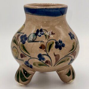 Vintage Signed Tonalá, Mexico Ceramic Vase, 3 Legs, Blue Floral on Beige Pottery